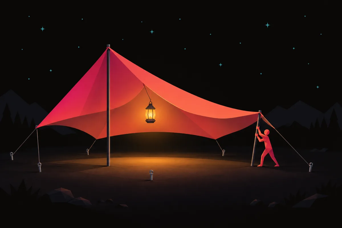 A glowing tent with one tall pole and one short pole, while a figure raises the short one under the stars.