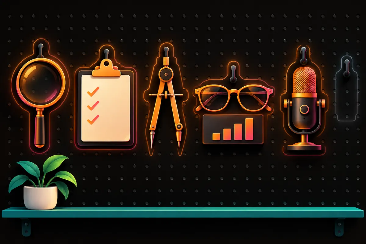 A pegboard holding five glowing tools: magnifying glass, clipboard, compass, glasses on a graph block, and microphone.